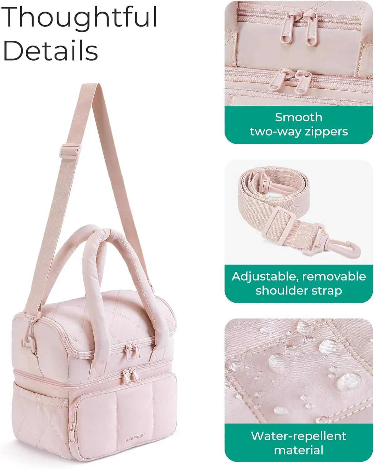 Pink quilted insulated lunch bag with two-way zippers and adjustable shoulder strap