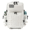 A white tactical backpack with a flag patch and MOLLE webbing visible on the front.