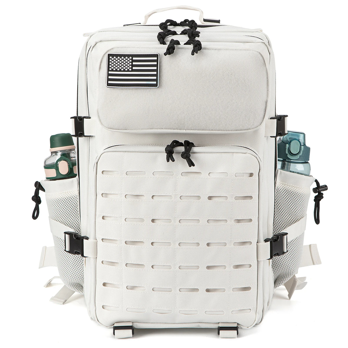 A white tactical backpack with a flag patch and MOLLE webbing visible on the front.