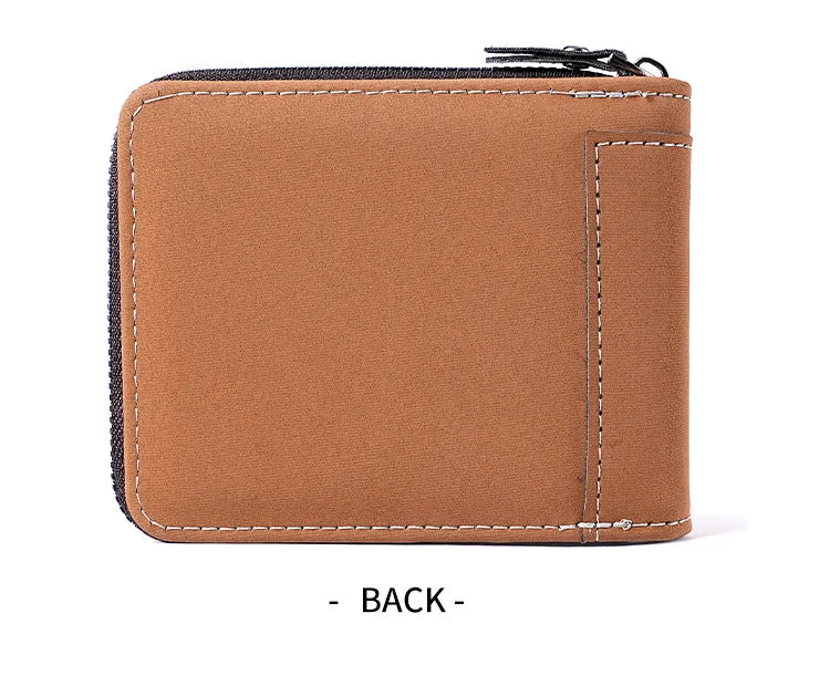 A brown leather card clip wallet shown from the back with stitched edges and a black cord.