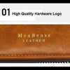 A brown leather card wallet with gold embossed text on the front and a stitched edge.