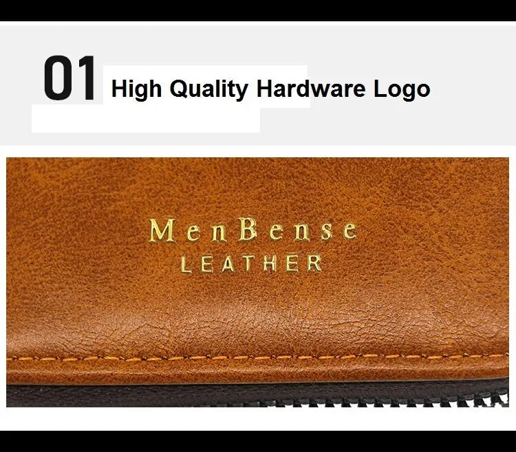 A brown leather card wallet with gold embossed text on the front and a stitched edge.