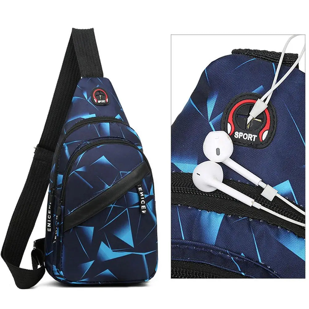 A navy blue waterproof crossbody chest bag with a black strap and a white wireless earbud attached.