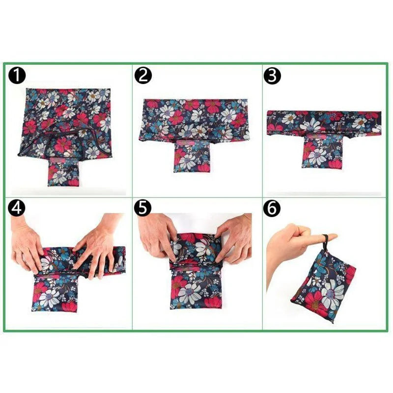 Six steps demonstrating how to fold and arrange a floral patterned fabric for a versatile canvas tote shopping bag