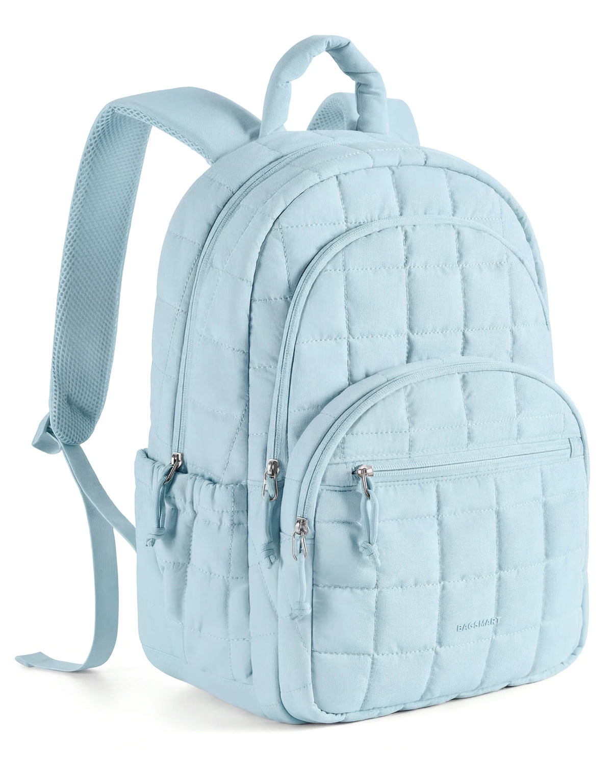 Light blue quilted laptop backpack with adjustable straps and zippered pockets