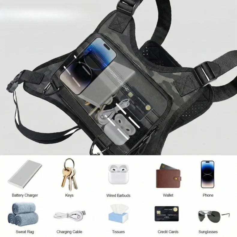 A black tactical chest bag with reflective strips and various small accessories like keys, earbuds, and cards.