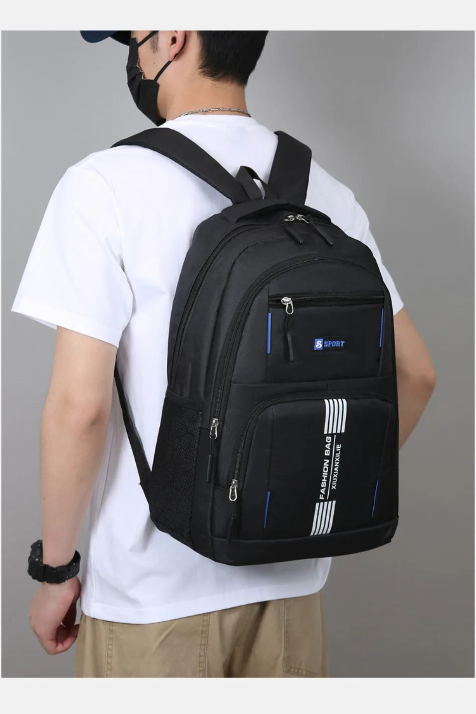 A man is wearing a black lightweight commuter backpack on his back, shown from the rear.