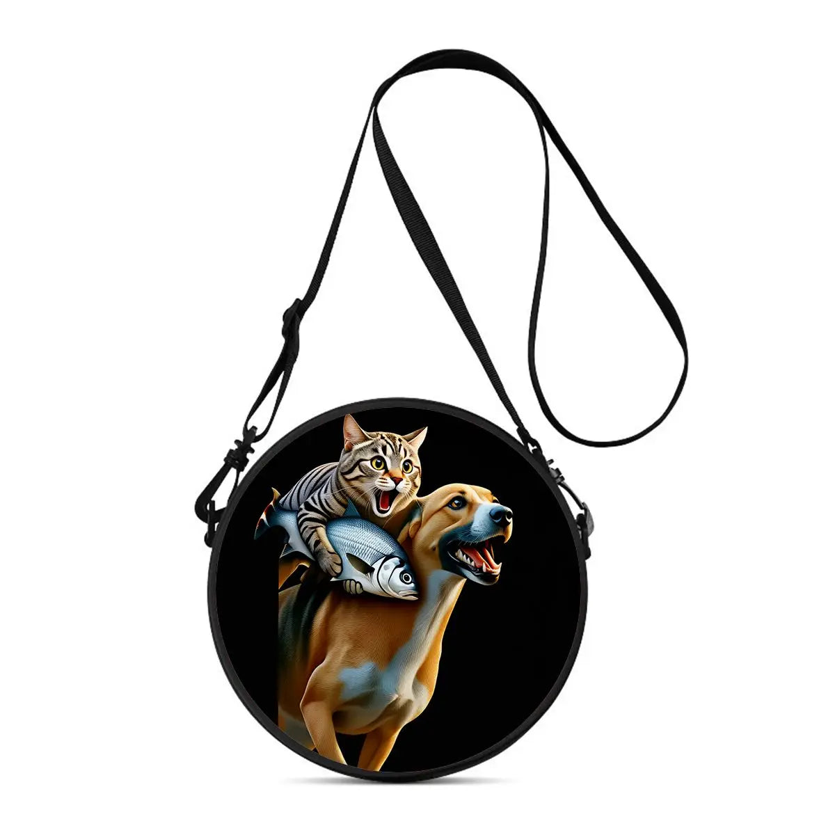 A black round crossbody bag featuring a cartoon cat and dog illustration.