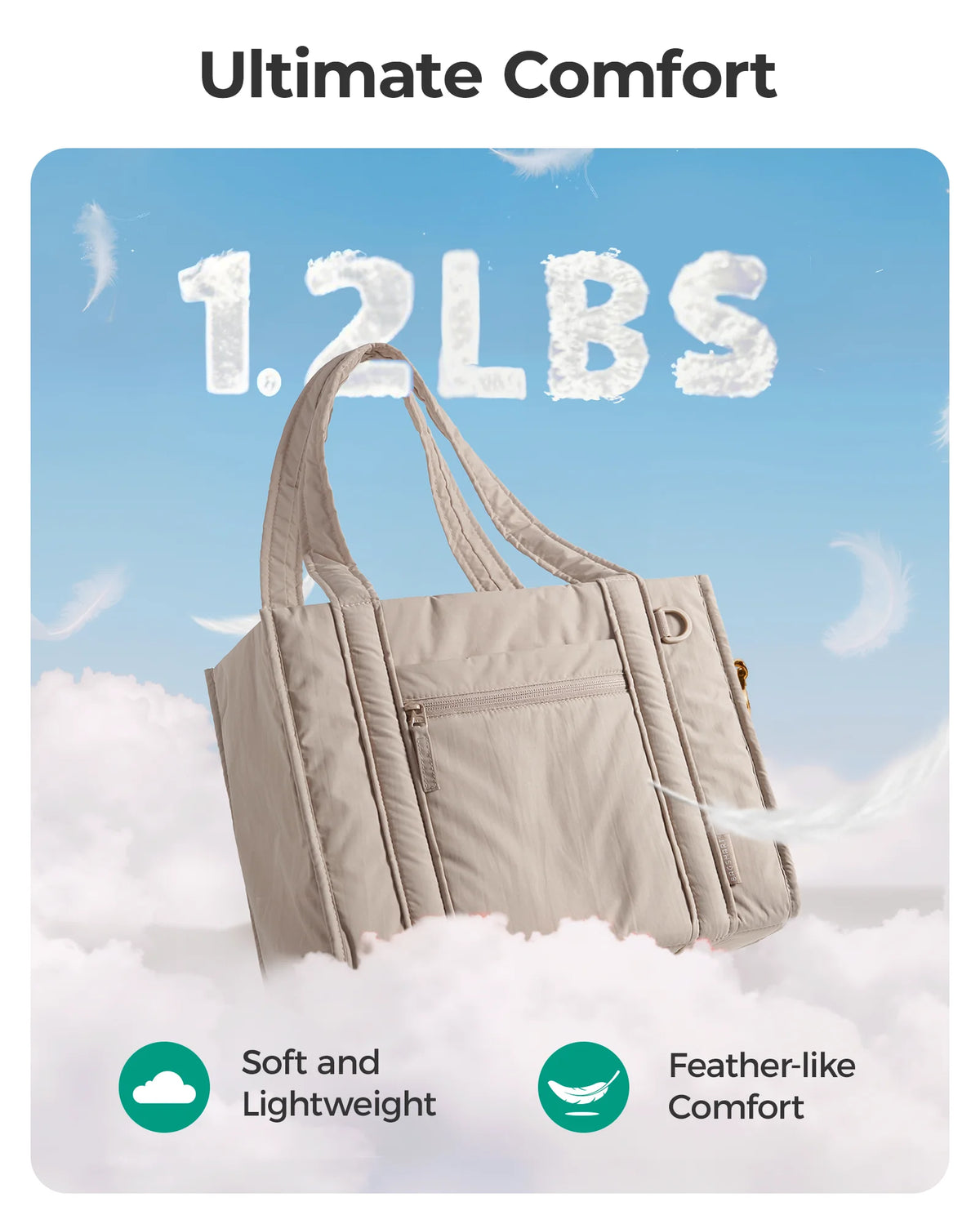 A beige quilted tote bag with a detachable strap is shown against a soft, cloudy background.