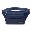Petit sac banane imperméable bleu marine avec sangle et fermeture éclair visibles.