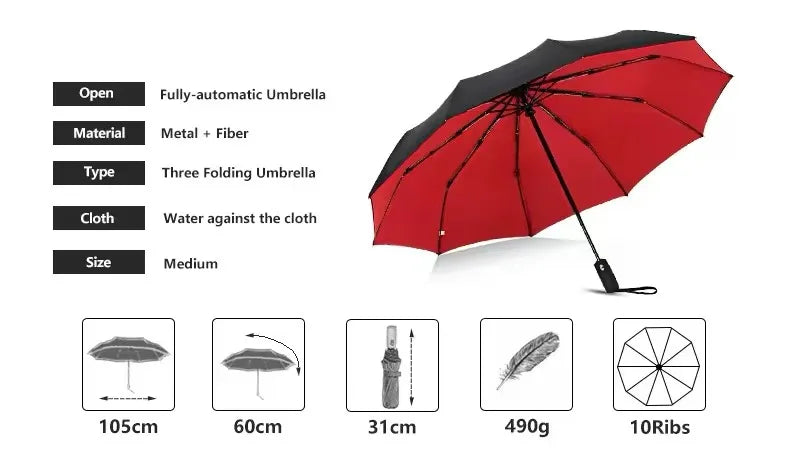 A red fully-automatic umbrella with a black canopy and handle, shown open against a white background.