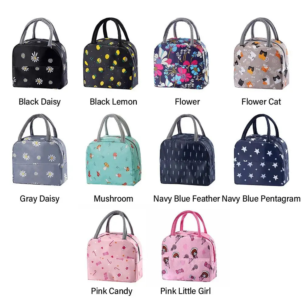 Collection de sacs à lunch en tissu Oxford réutilisables avec des motifs floraux et animaux dans des couleurs comme le noir e
