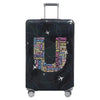 A black stretch fabric luggage protection cover with silver handles and wheels.