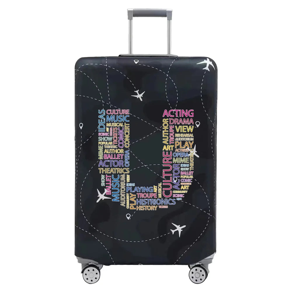 A black stretch fabric luggage protection cover with silver handles and wheels.