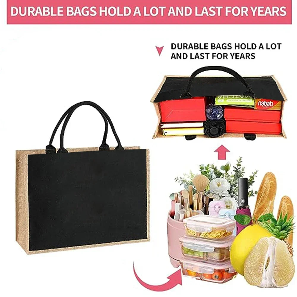 Eine schwarze Jute-Tasche neben einem Stapel roter und gelber Gegenstände, die langlebige Taschen zeigen