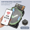 A hand holds a black slim metal wallet with an RFID blocking card holder and a smartphone displaying a scan no data message.