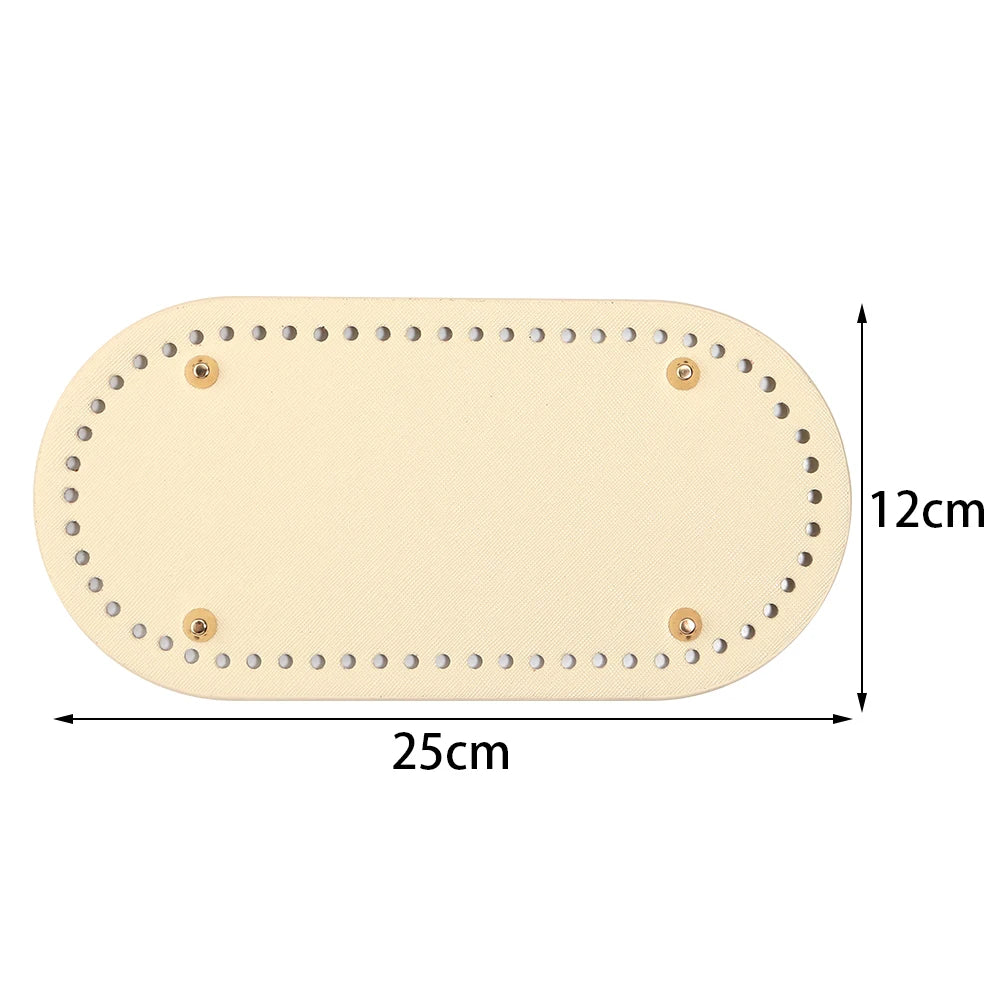 A light beige oval PU leather bag base with pre-punched holes for crochet and knitting projects.