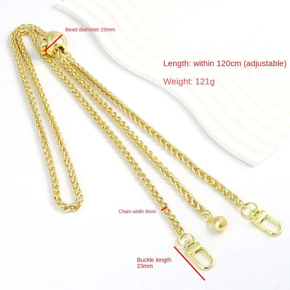 Cartera de metal dorado con cadena ajustable, diámetro de cuenta de 23mm y longitud ajustable de hasta 120cm.