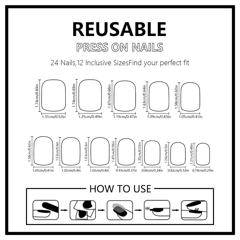 A diagram showing how to use reusable press-on nails, including various nail sizes and application steps.