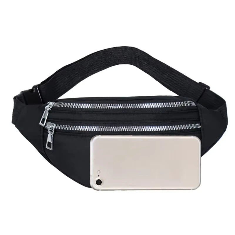 Black nylon crossbody sling bag with a zippered pocket and a clear phone sleeve.