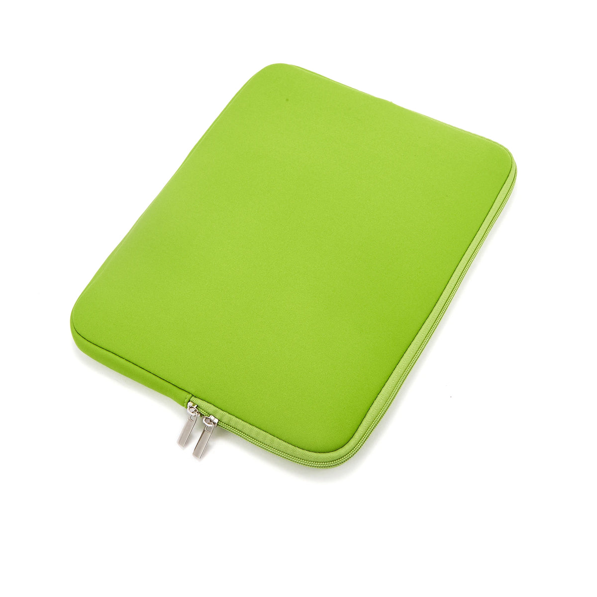 A lime green multi-size laptop sleeve with a zipper closure.