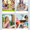 Four images showing a silicone reusable sandwich and lunch container being used outdoors, in a classroom setting, and by a ch