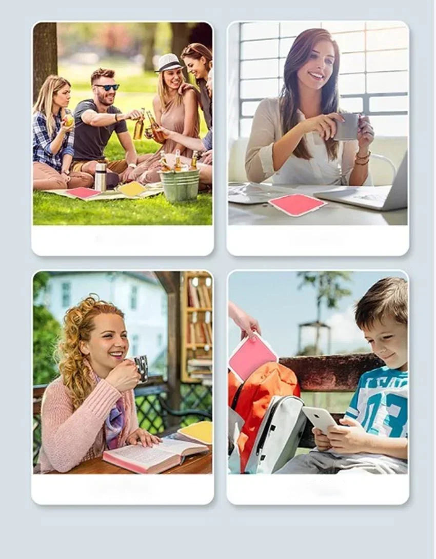Four images showing a silicone reusable sandwich and lunch container being used outdoors, in a classroom setting, and by a ch