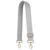 A gray nylon crossbody bag strap with a gold-toned buckle and adjustable slider.