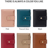A selection of RFID blocking card holder wallets in various colors including pink, peacock blue, black, wine red, khaki, and 