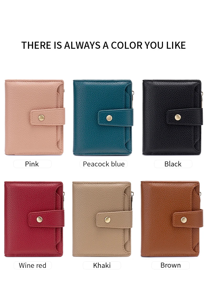 A selection of RFID blocking card holder wallets in various colors including pink, peacock blue, black, wine red, khaki, and 