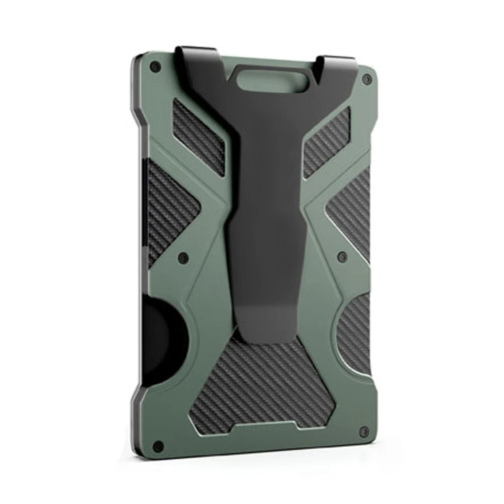 A dark green slim aluminum metal ID card wallet with textured and matte finish.