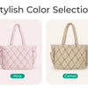 Four stylish quilted puffy tote bags in beige, pink, camel, and black.