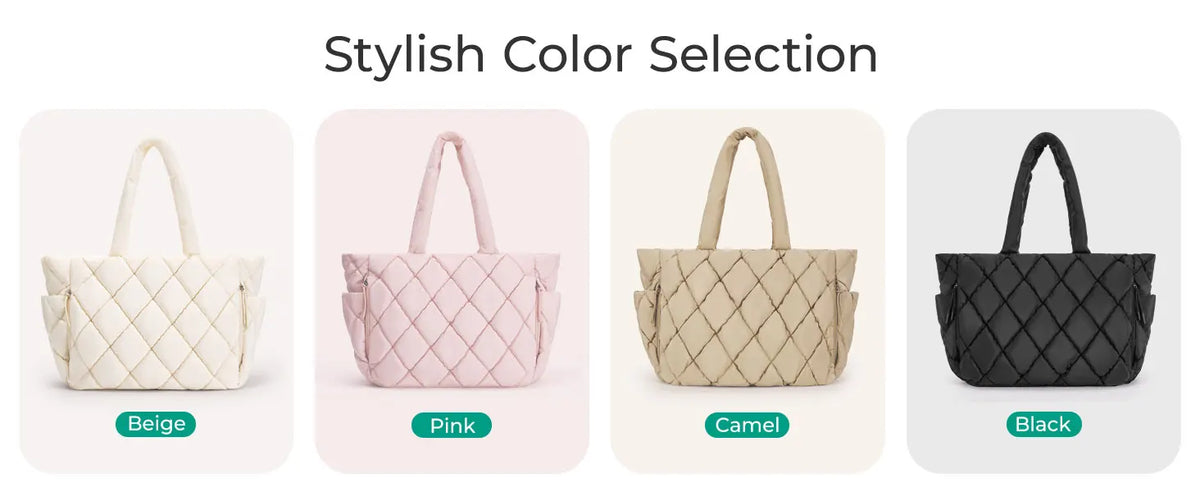 Four stylish quilted puffy tote bags in beige, pink, camel, and black.