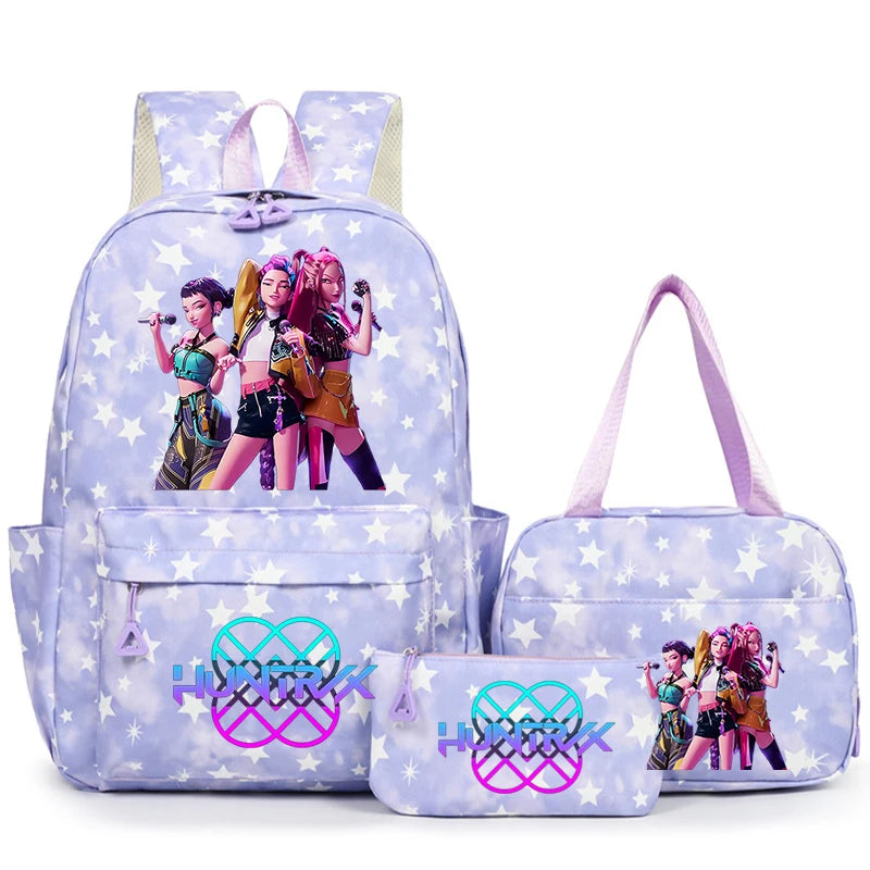 A purple and white fashion backpack set featuring characters on the front