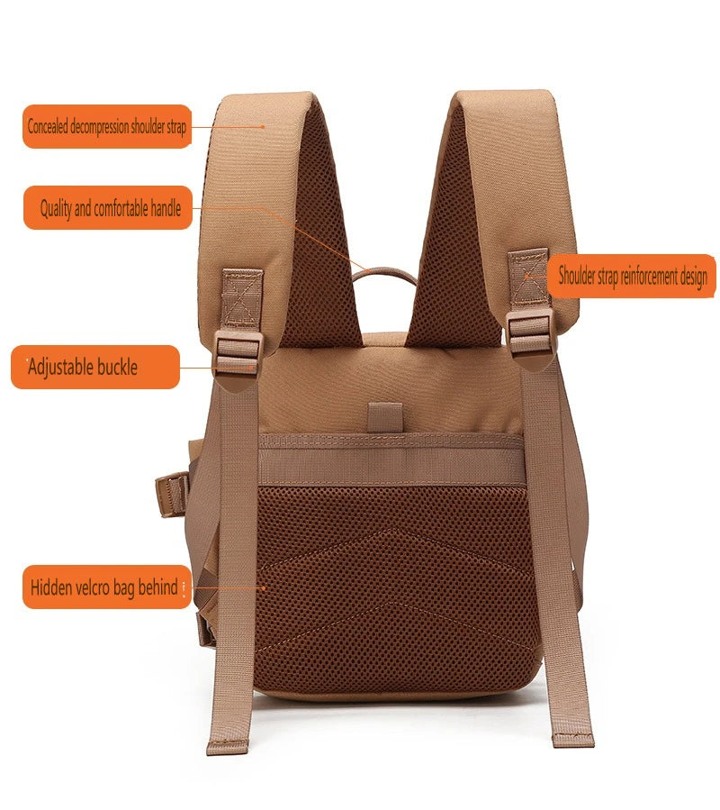 A tan tactical backpack with padded shoulder straps, an adjustable buckle, and a hidden velcro bag feature.