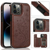 A brown leather wallet flip case for an iPhone shown in various angles.