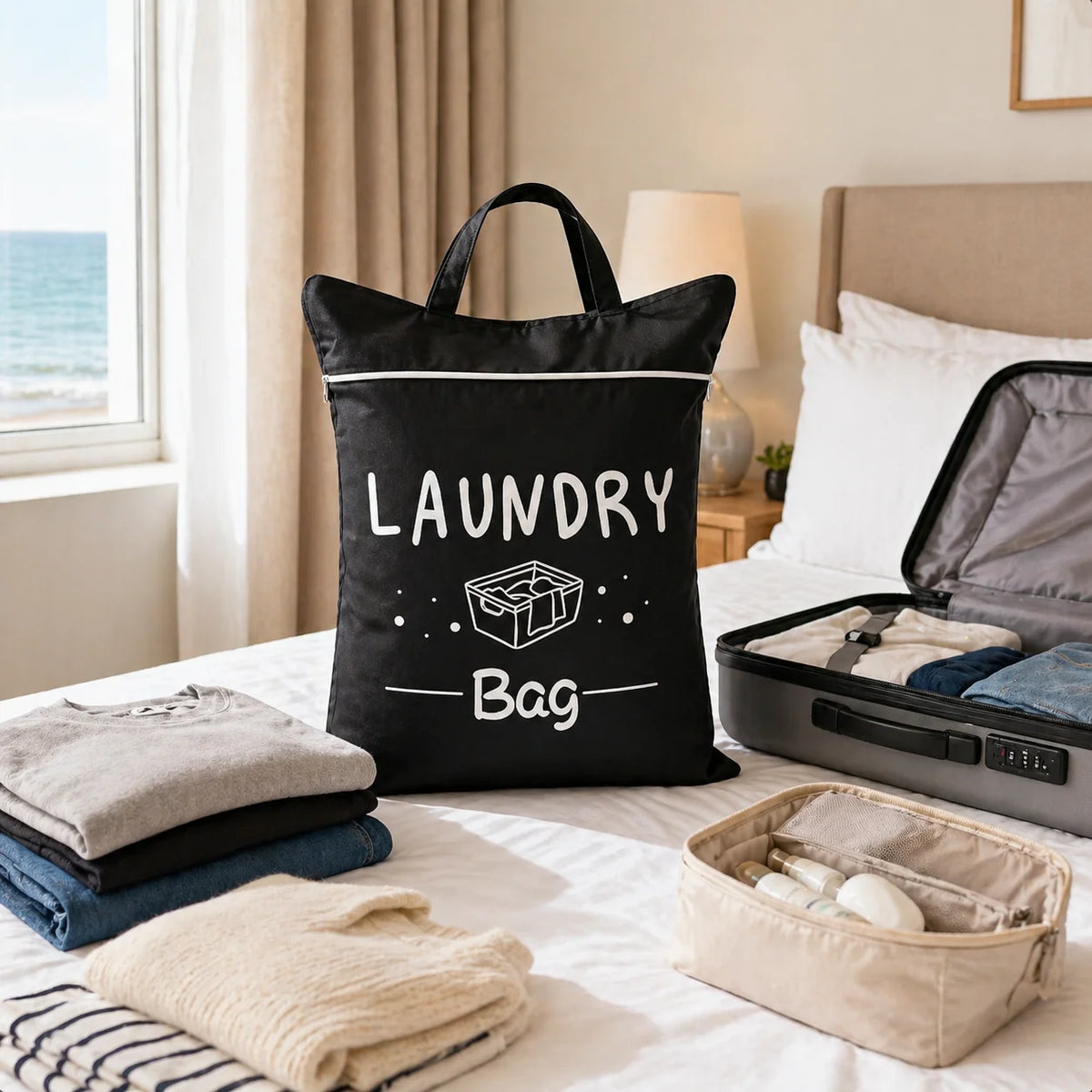 A black laundry bag with a handle sits on a white bed, surrounded by folded gray and blue towels.
