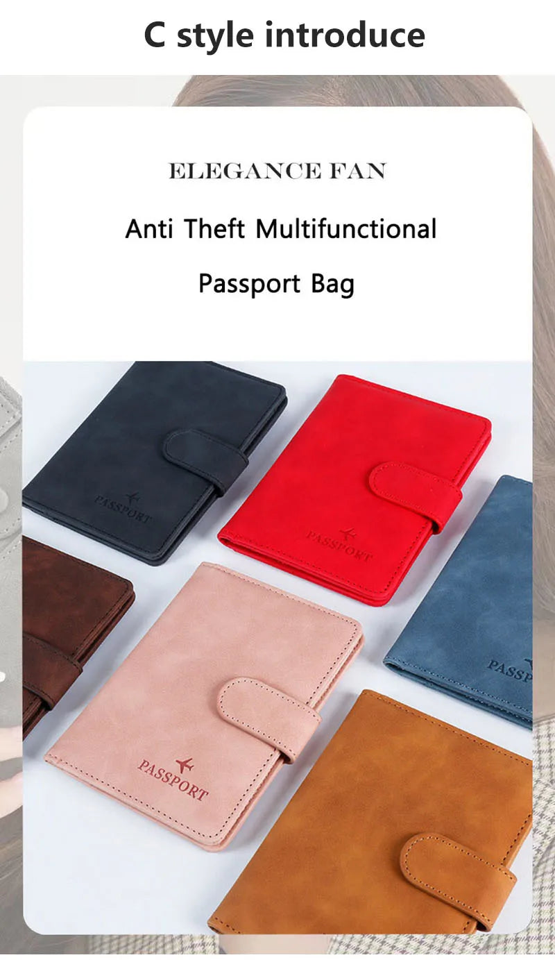 A collection of leather passport bags in various colors including black red pink and blue displayed on a white background.