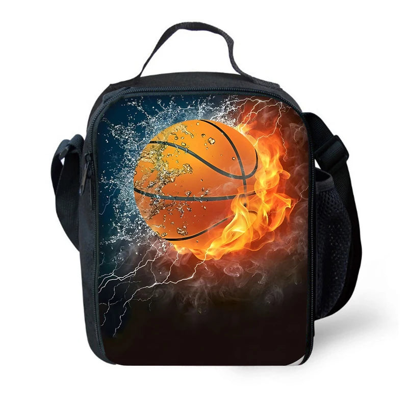 A black sports backpack featuring a graphic of a basketball engulfed in bright orange and yellow flames against a dark, storm