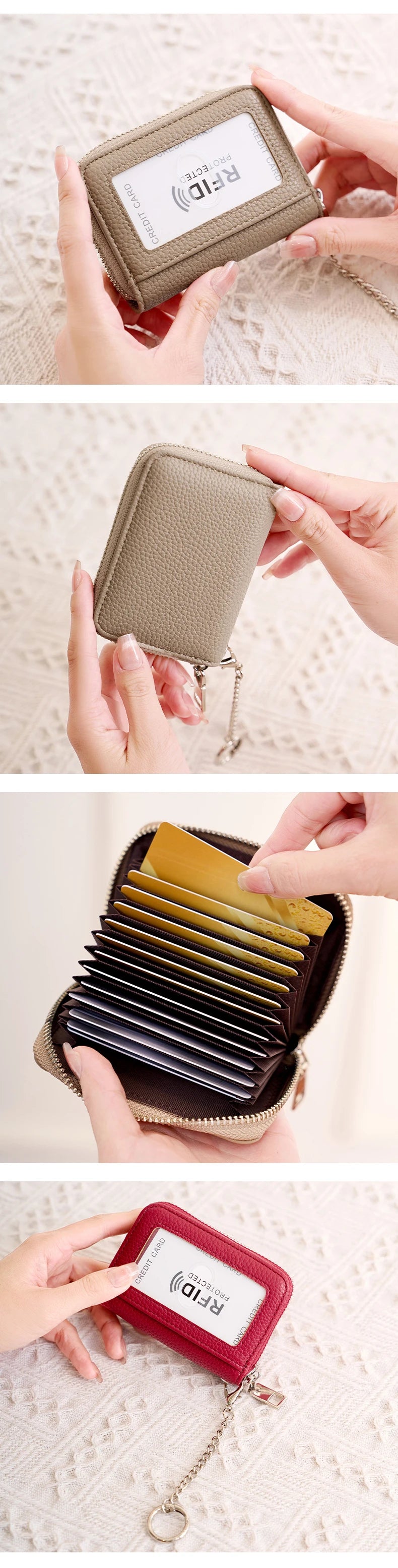 A close-up of a brown RFID shielded accordion wallet being held by hands.