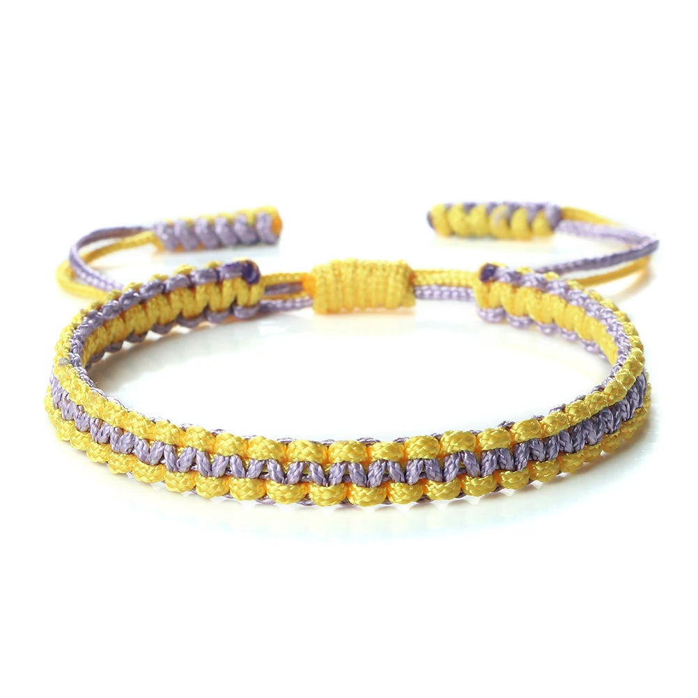 Handmade braided rope bracelet featuring purple and yellow threads, adjustable for a colorful friendship gift.