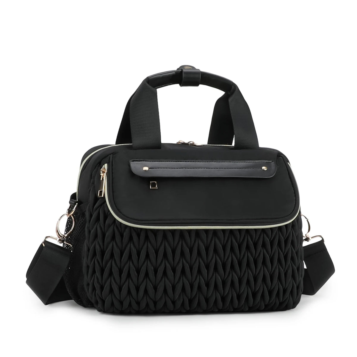 Black quilted mommy bag with a leather strap and gold hardware