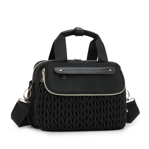 Black quilted mommy bag with a leather strap and gold hardware