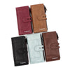 A collection of four Kingdushi wallets in shades of burgundy, brown, black, and light blue.