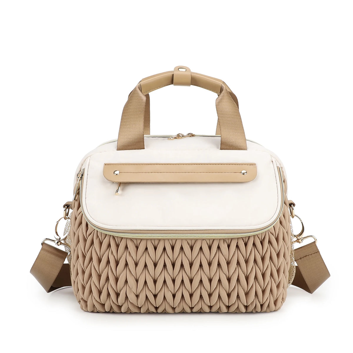 A beige quilted mommy bag with a light tan strap and a woven texture, shown from the front.