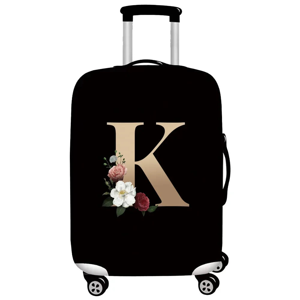Black premium stretch luggage protective cover with a gold letter K design