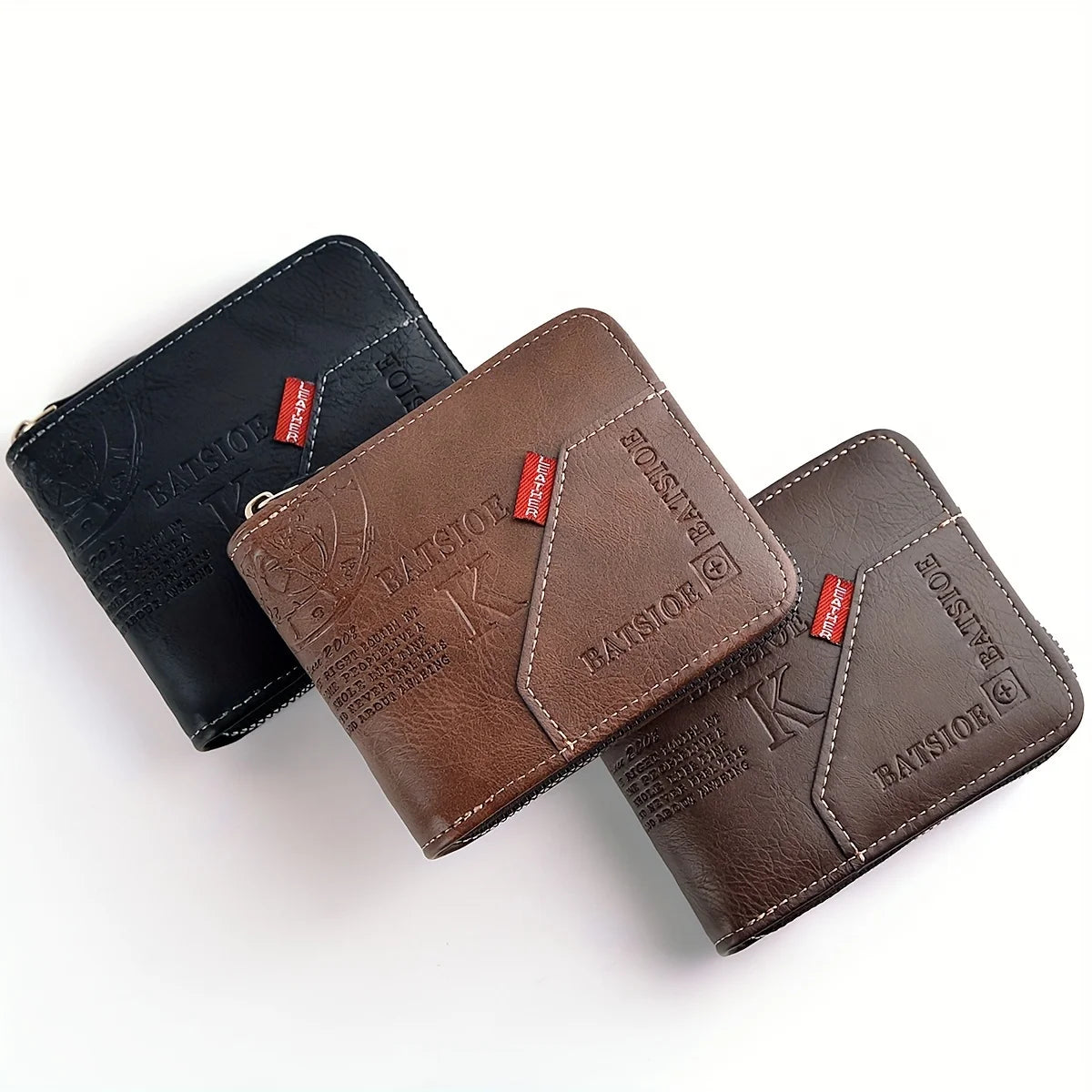 A brown slim PU leather wallet with a zipper closure shown from an angle.