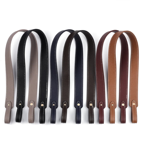 A set of adjustable PU leather shoulder bag straps in various brown and black shades.