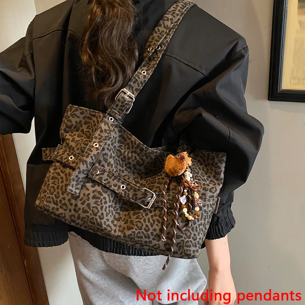 A black leather jacket is shown holding a leopard print casual tote bag with decorative beads.