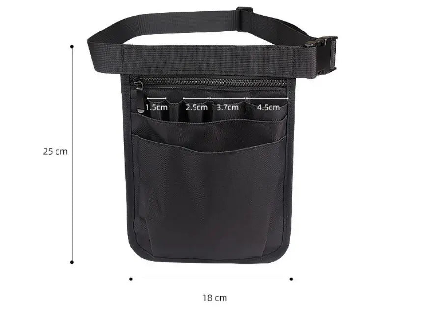 Black nurse organizer belt waist bag with multiple pockets and measurements